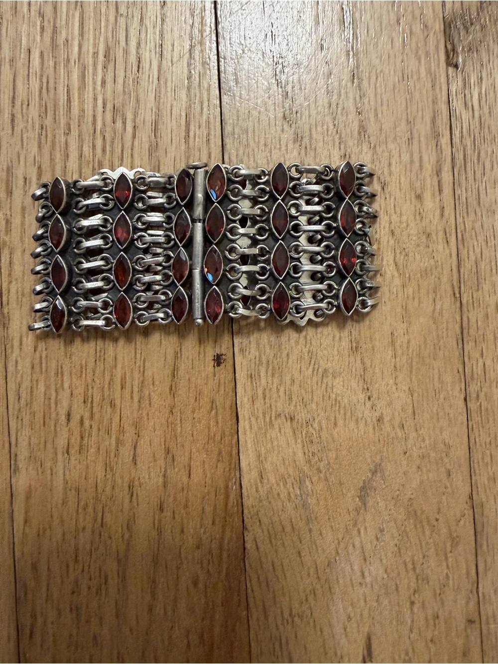 Silver Link Bracelet with Marquise Red Stones